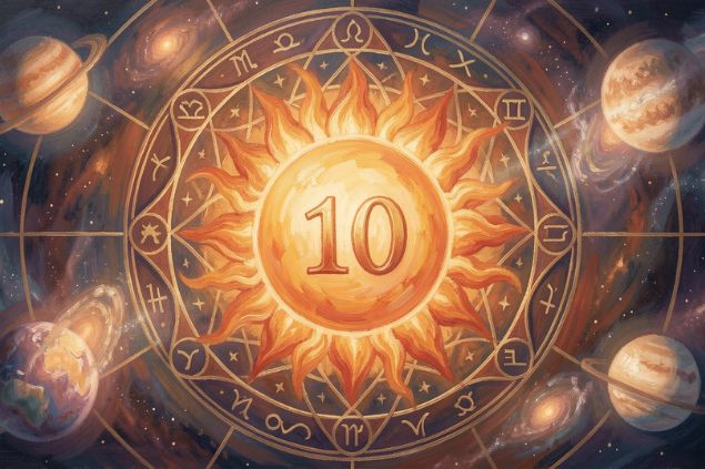 Imagem do Sol dentro de uma mandala astrológica com o número 10 no centro