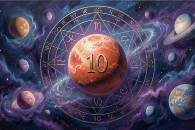 Imagem do planeta Mercúrio dentro de uma mandala astrológica com o número 10 no centro