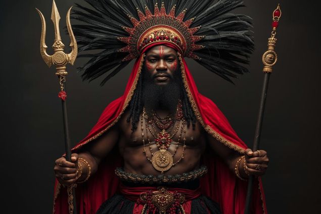 Imagem do exu mangueira da umbanda que costuma ser representado com roupas nas cores vermelho e preto. Usa tridentes, chaves, punhais, encruzilhadas e elementos ligados à proteção espiritual.