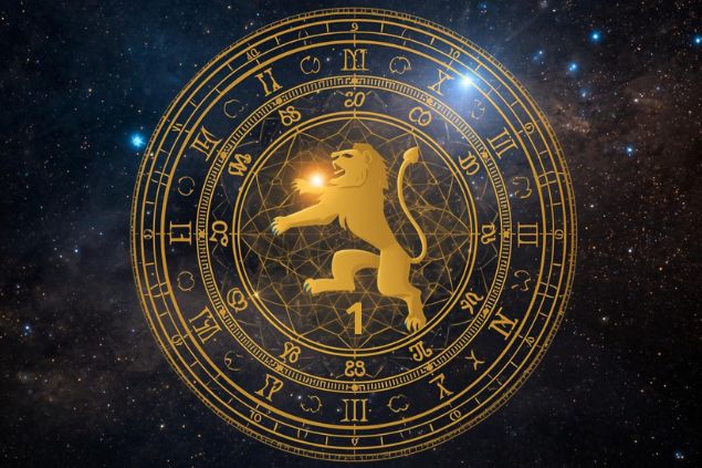 Imagem do glifo de leão e o número 1 no centro de uma mandala astrológica com fundo do universo.