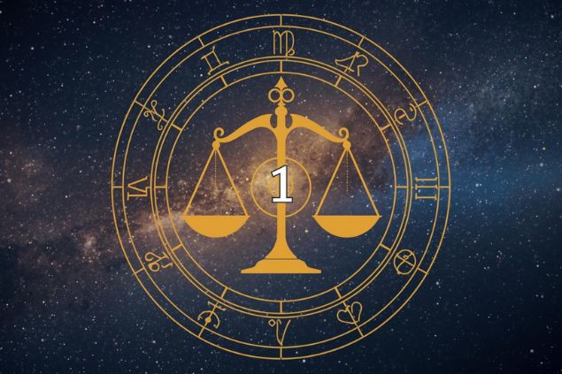 Imagem do glifo de libra com o número 1 no centro de uma mandala astrológica com fundo do universo.