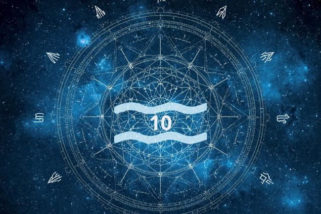 Imagem do glifo de aquário junto com o número 10 no centro de uma mandala astrológica com fundo do universo.