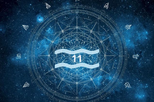 Canva/horoscopovIrtuAl Imagem do glifo de aquário junto com o número 11 no centro de uma mandala astrológica com fundo do universo.