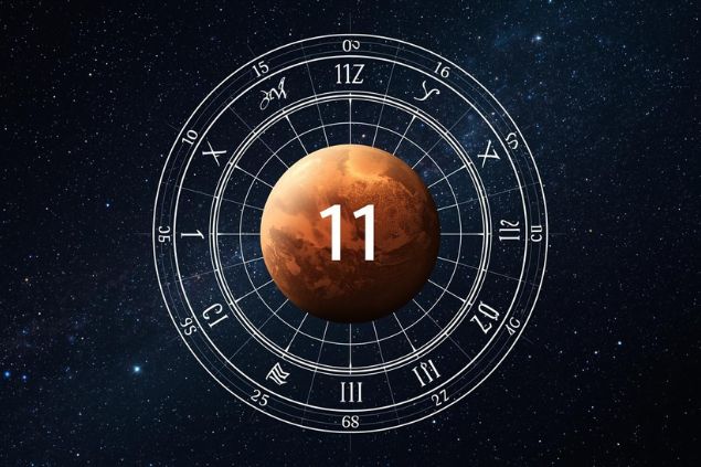 Imagem de Plutão em uma mandala astrológica com o número 11 no centro e ao fundo, o universo.