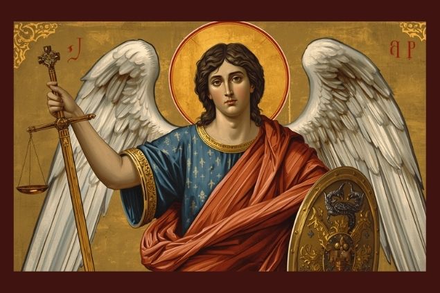 Imagem do Arcanjo Miguel e alguns dos seus símbolos como a espada, o escudo, a balança, a armadura e as asas.