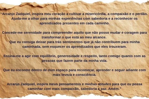 Imagem de um pergaminho com a oração do Arcanjo Zadquiel.