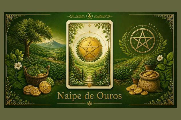 Imagem da carta do Naipe de Ouros com elementos ligados à Terra, à natureza e ao mundo material, como moedas, paisagens e jardins, que simbolizam recursos, trabalho, crescimento e estabilidade.