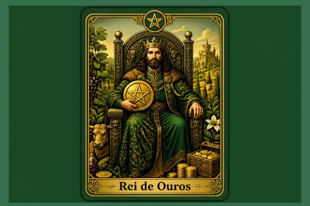 Imagem da carta do Reis de Ouros onde o Rei de Ouros aparece sentado em um trono ornamentado, cercado por símbolos associados à natureza, à prosperidade e ao mundo material.