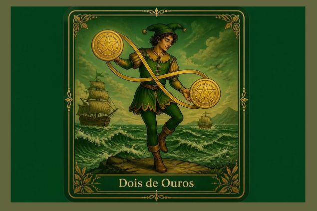 Imagem da carta do Dois de Ouros. Os elementos de duas moedas são conectados por uma faixa. Ao fundo, o mar aparece com ondas agitadas. 