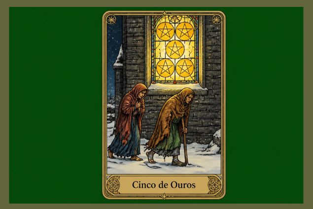 Imagem da carta do Cinco de Ouros onde duas figuras caminham pela neve. Uma delas utiliza muletas, enquanto ambas seguem diante de uma construção cuja janela iluminada exibe cinco moedas. 