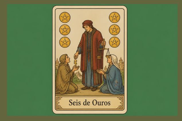 Imagem da carta do Seis de Ouros com uma figura bem vestida distribuindo moedas a duas pessoas ajoelhadas diante dela. Em uma das mãos, segura uma balança, símbolo que pode remeter à avaliação, à justiça e à busca por equilíbrio nas trocas. 