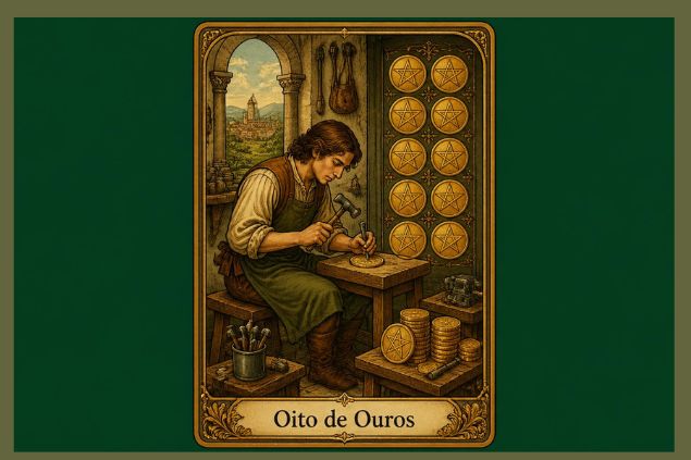 Imagem da carta do Oito de Ouros com uma pessoa trabalhando concentradamente na confecção de moedas, ferramentas de trabalho e moedas prontas ao redor. 
