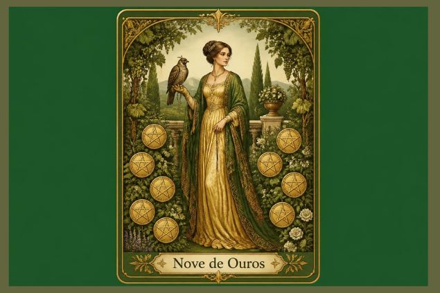Imagem da carta do Nove de Ouros com uma mulher elegantemente vestida em um jardim exuberante, cercada por vegetação, videiras e nove moedas douradas. A figura transmite tranquilidade e satisfação com as próprias conquistas.
