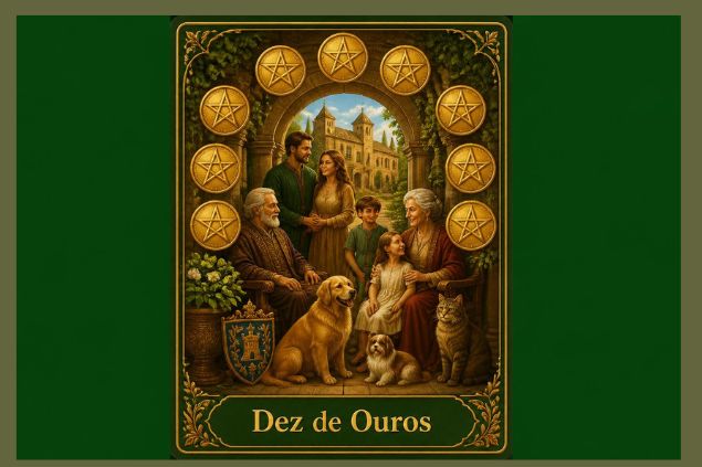 Imagem da carta do Dez de Ouros onde a cena reúne diferentes gerações em um ambiente arquitetônico que sugere prosperidade e continuidade. 