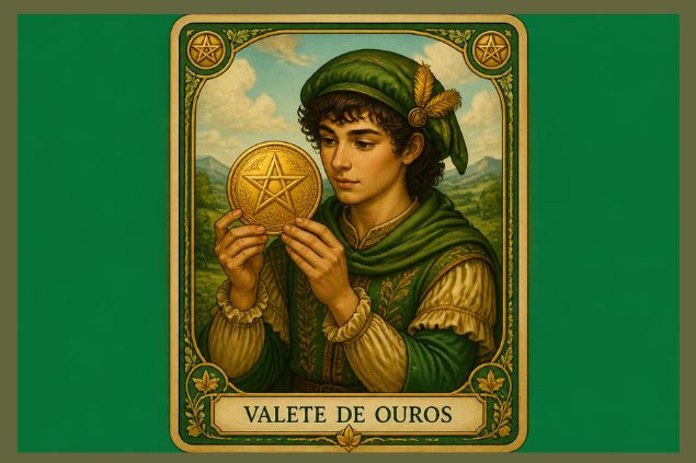 Imagem da carta da Valete de Ouros onde uma figura aparece segurando uma moeda dourada e observando-a com atenção. 