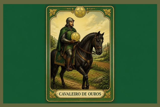 Imagem da carta do Cavaleiro de Ouros, representando um cavaleiro montado em um cavalo parado ou em movimento lento, transmitindo cautela, firmeza, dedicação e avanço consciente.