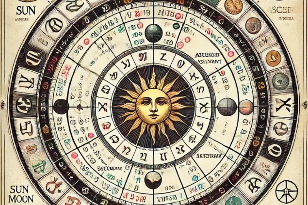 IA / Canva / Horóscpo Virtual Imagem do mapa astral com as posições do Sol, da Lua, do Ascendente e do Meio do Céu.