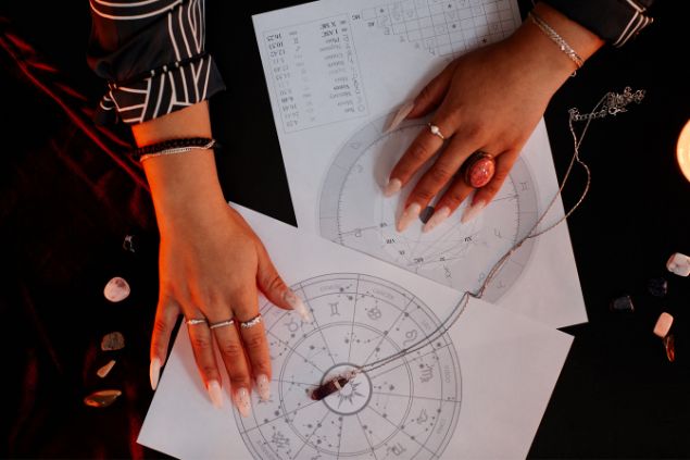 SeventyFour / Canva Imagem de duas folhas com os mapas astrais desenhados nelas. Sobre eles, as mãos de uma astróloga.