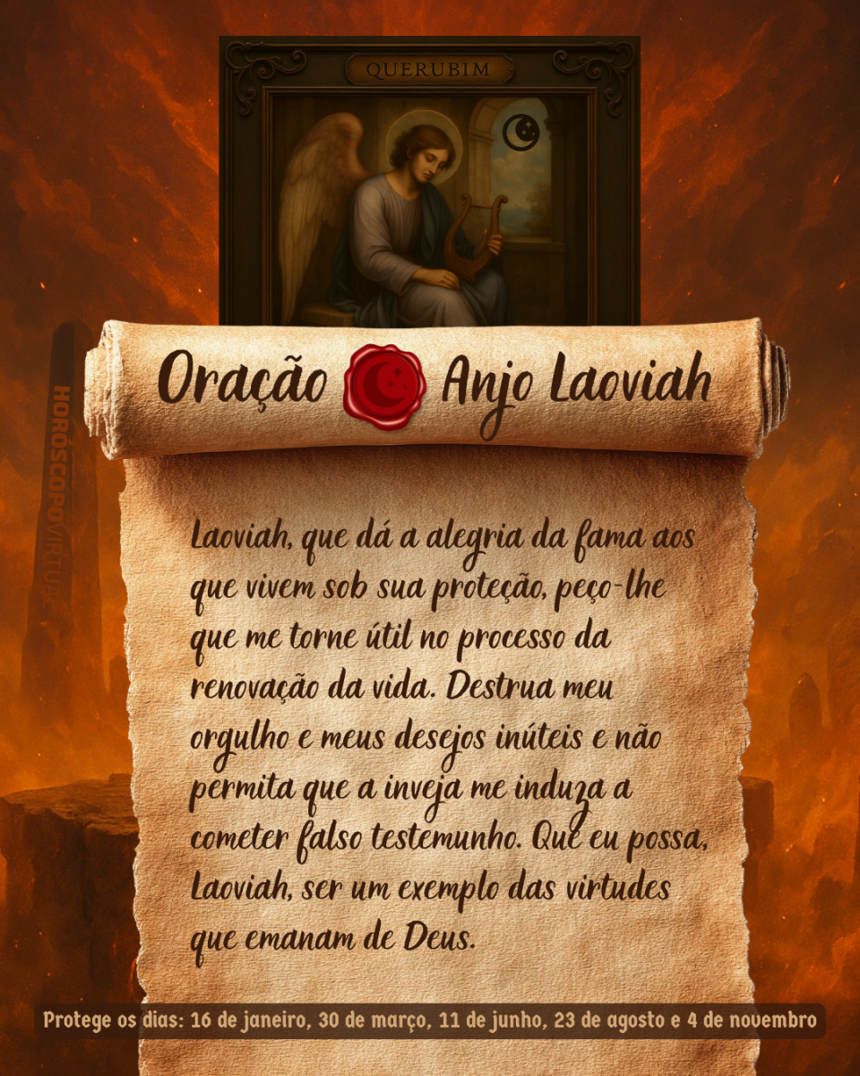 HORÓSCOPO ViRTUaL / Canva Imagem vertical, com fundo em tons de laranja e marrom. Na parte superior, há um quadro representando um anjo. Um pergaminho antigo ocupa a maior parte da imagem e apresenta o título “Oração Anjo Laoviah” e a oração: