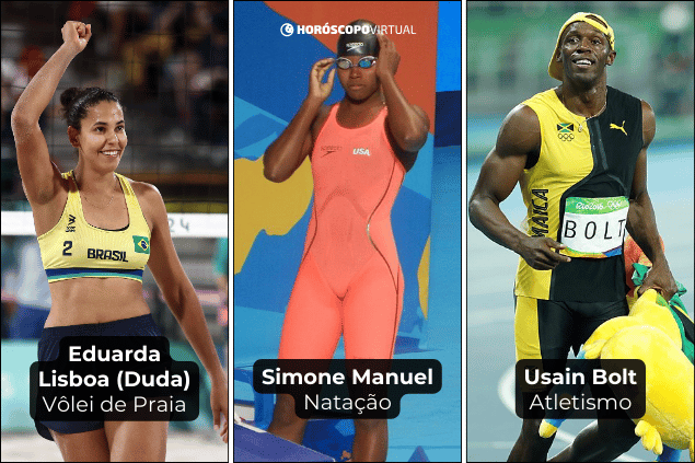 Montagem com os atletas olímpicos: Eduarda Lisboa, Simone Manuel e Usain Bolt.