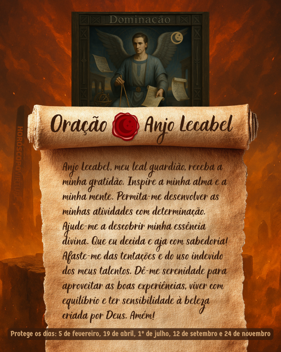 HORÓSCOPO ViRTUaL / Canva Imagem vertical, com fundo em tons de laranja e marrom. Na parte superior, há um quadro representando um anjo. Um pergaminho antigo ocupa a maior parte da imagem e apresenta o título “Oração Anjo Lecabel” e a oração: