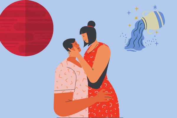 Ilustração de casal com planeta marte e símbolo de aquário ao fundo