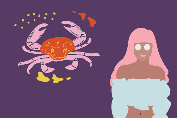 Ilustração de mulher e símbolo de câncer ao lado