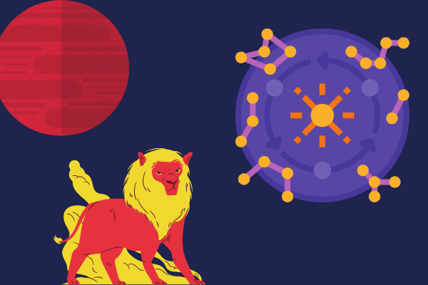 Planeta marte, símbolo do signo de leão e mapa astral em ilustrações