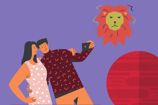 Ilustração de casal tirando selfie com símbolo do signo de leão e planeta marte