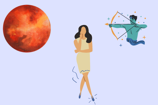 Planeta marte com ilustração de sagitário e mulher andando