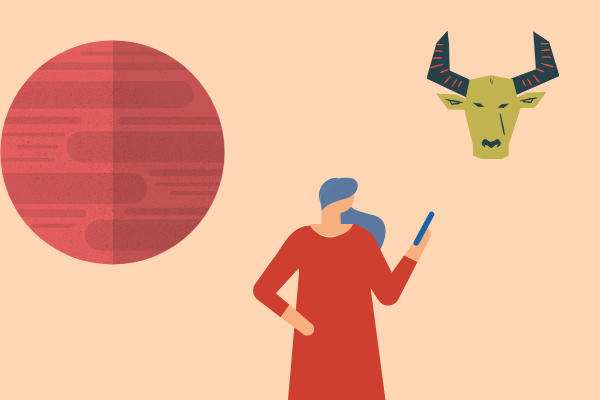 Ilustração de planeta marte, simbolo de touro e mulher com celular na mão