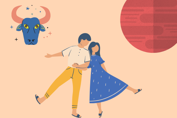 Ilustração de touro, casal feliz e planeta marte