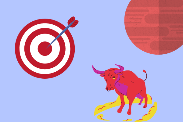 Ilustração de alvo com flecha, planeta marte e símbolo de touro