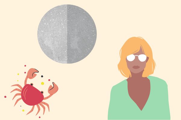 Ilustração de planeta mercúrio, símbolo de câncer e mulher minimalista