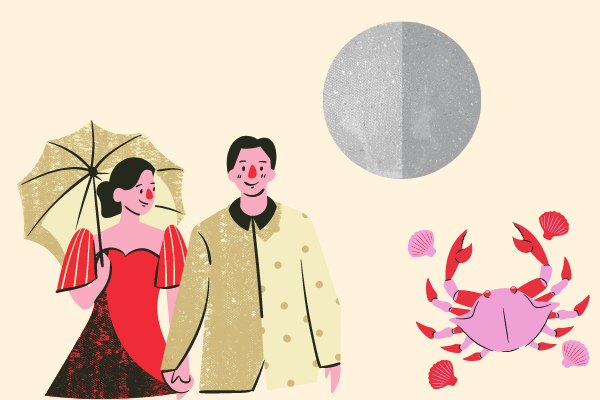Ilustração de casal com simbolo de câncer e planeta mercurio