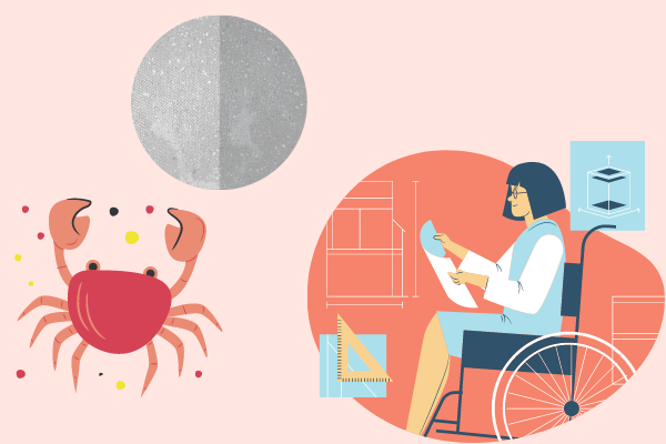 Ilustração de planeta mercúrio, símbolo de câncer e enfermeira cadeirante trabalhando
