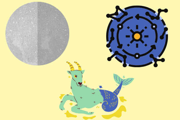 Ilustração de planeta mercúrio, mapa astral e símbolo de capricórnio