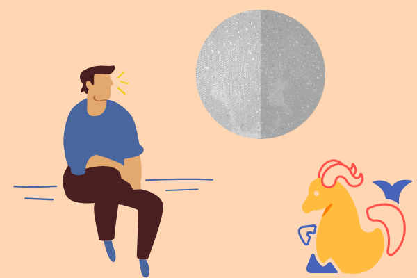 Ilustração de homem sentado com planeta mercúrio e símbolo de capricórnio