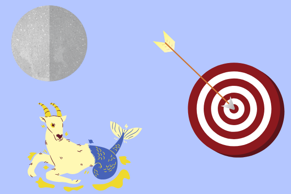 Ilustração de planeta mercúrio, signo de capricórnio e alvo com flecha acertada no meio