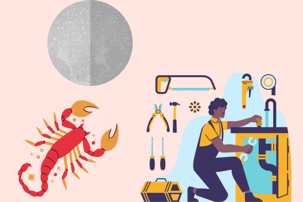 Ilustração de Mercúrio, escorpião e homem trabalhando