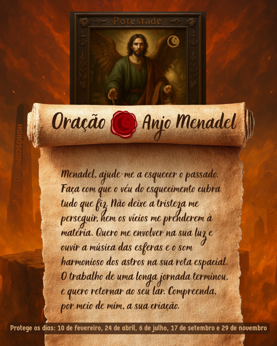 HORÓSCOPO ViRTUaL / Canva Imagem vertical, com fundo em tons de laranja e marrom. Na parte superior, há um quadro representando um anjo. Um pergaminho antigo ocupa a maior parte da imagem e apresenta o título “Oração Anjo Menadel” e a oração: