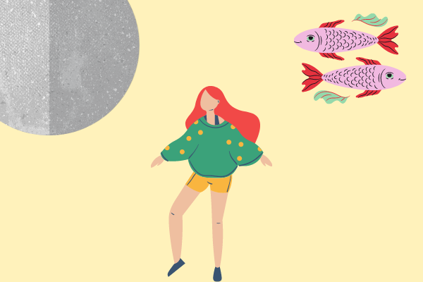Ilustração de mercúrio, mulher em pé e símbolo de peixes