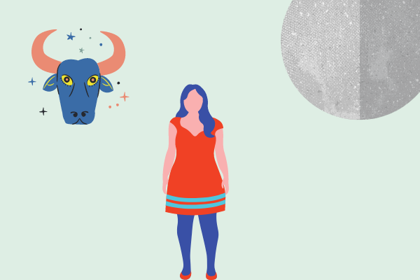 Ilustração de touro com planeta mercúrio e mulher minimalista