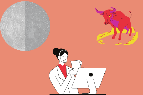 Ilustração de planeta mercúrio, símbolo de touro e mulher trabalhando no computador
