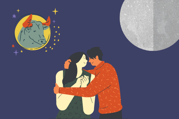 Ilustração de símbolo de touro, planeta mercúrio e casal abraçado