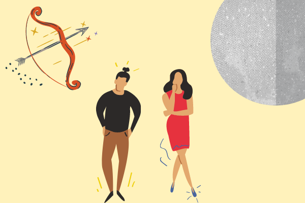 Símbolo de sagitario, com ilustração minimalista de homem e mulher e planeta mercúrio