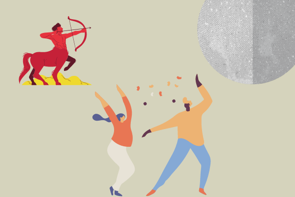 Ilustração de sagitário, planeta mercúrio e casal dançando