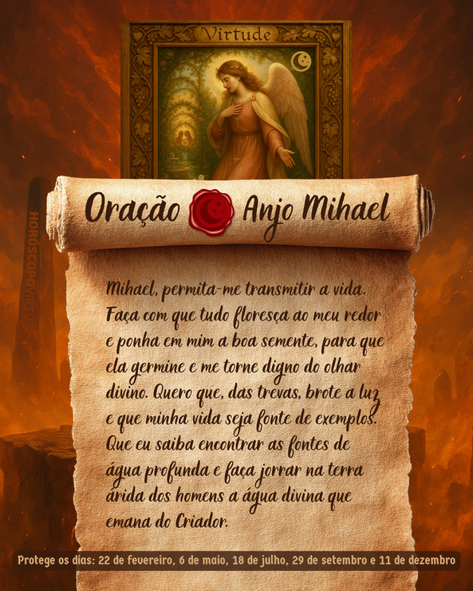 HORÓSCOPO ViRTUaL / Canva Imagem vertical, com fundo em tons de laranja e marrom. Na parte superior, há um quadro representando um anjo. Um pergaminho antigo ocupa a maior parte da imagem e apresenta o título “Oração Anjo Mihael” e a oração: