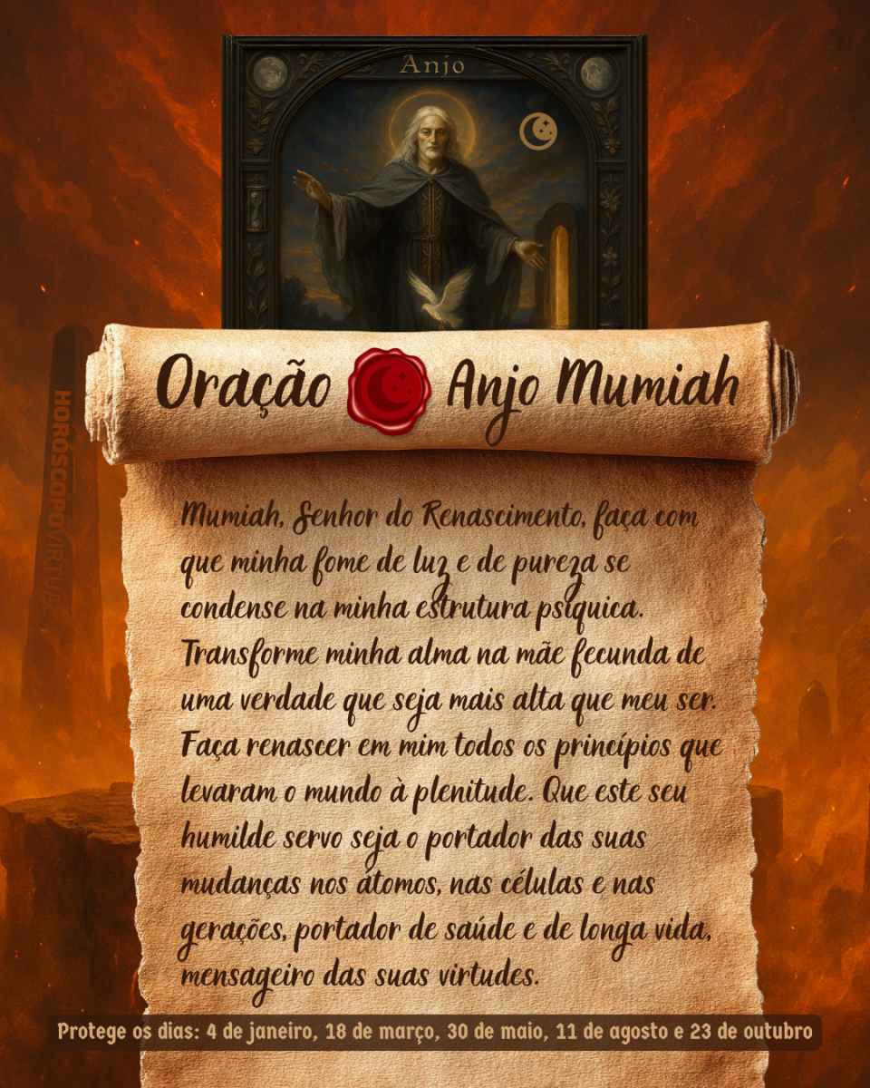 HORÓSCOPO ViRTUaL / Canva Imagem vertical, com fundo em tons de laranja e marrom. Na parte superior, há um quadro representando um anjo. Um pergaminho antigo ocupa a maior parte da imagem e apresenta o título “Oração Anjo Mumiah” e a oração: