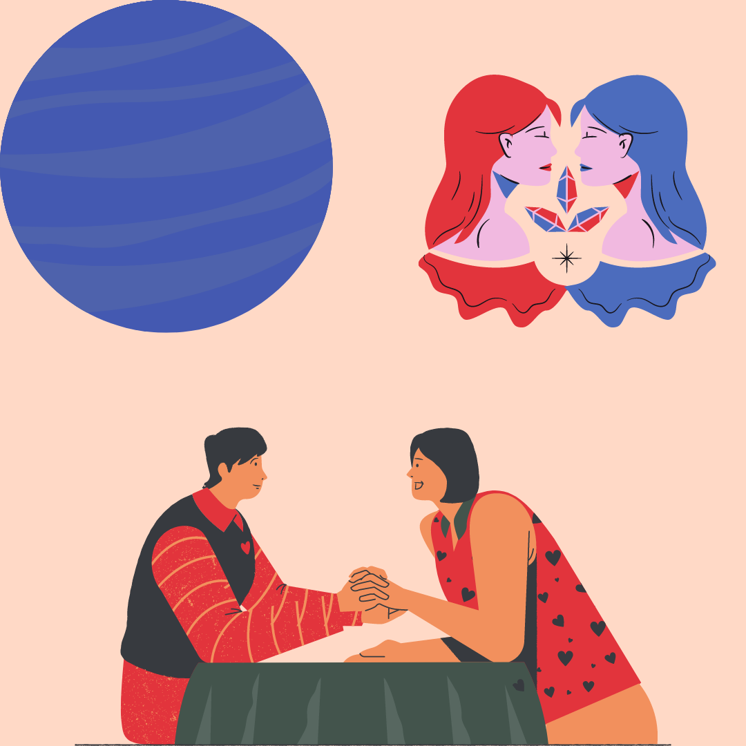 Representação Netuno no signo de Gêmeos por meio da imagem do plena, duas mulheres e um casal de mãos dadas em uma mesa